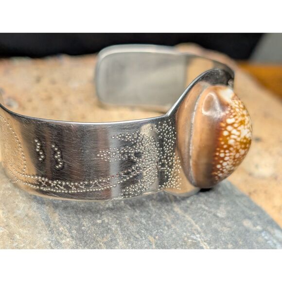 Cowrie Shell Bracelet – Engraved Metal – Coastal Artisan Style - Picture 3 of 5
